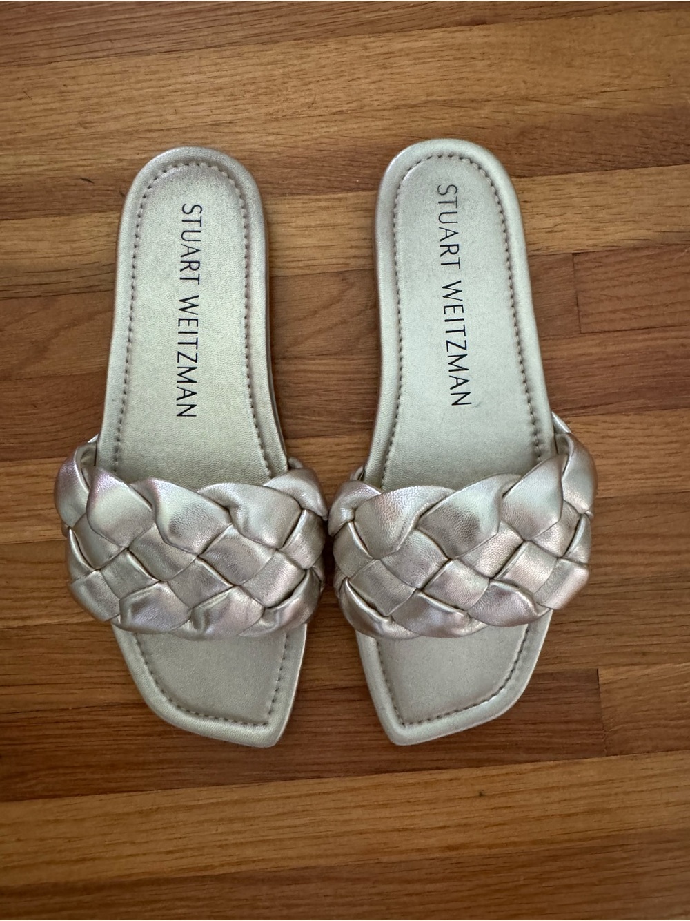 Stuart Weitzman Braided Slide Sandals in light gold metallic
